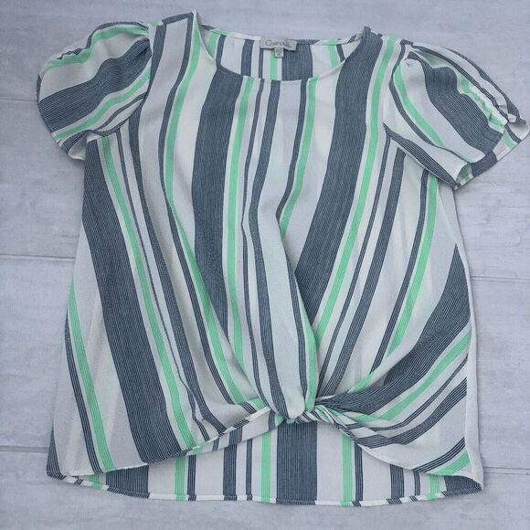 Chenault Blouse Short Sleeve Top Vertical Stripes Front Twist PS Green Blue - Picture 5 of 5